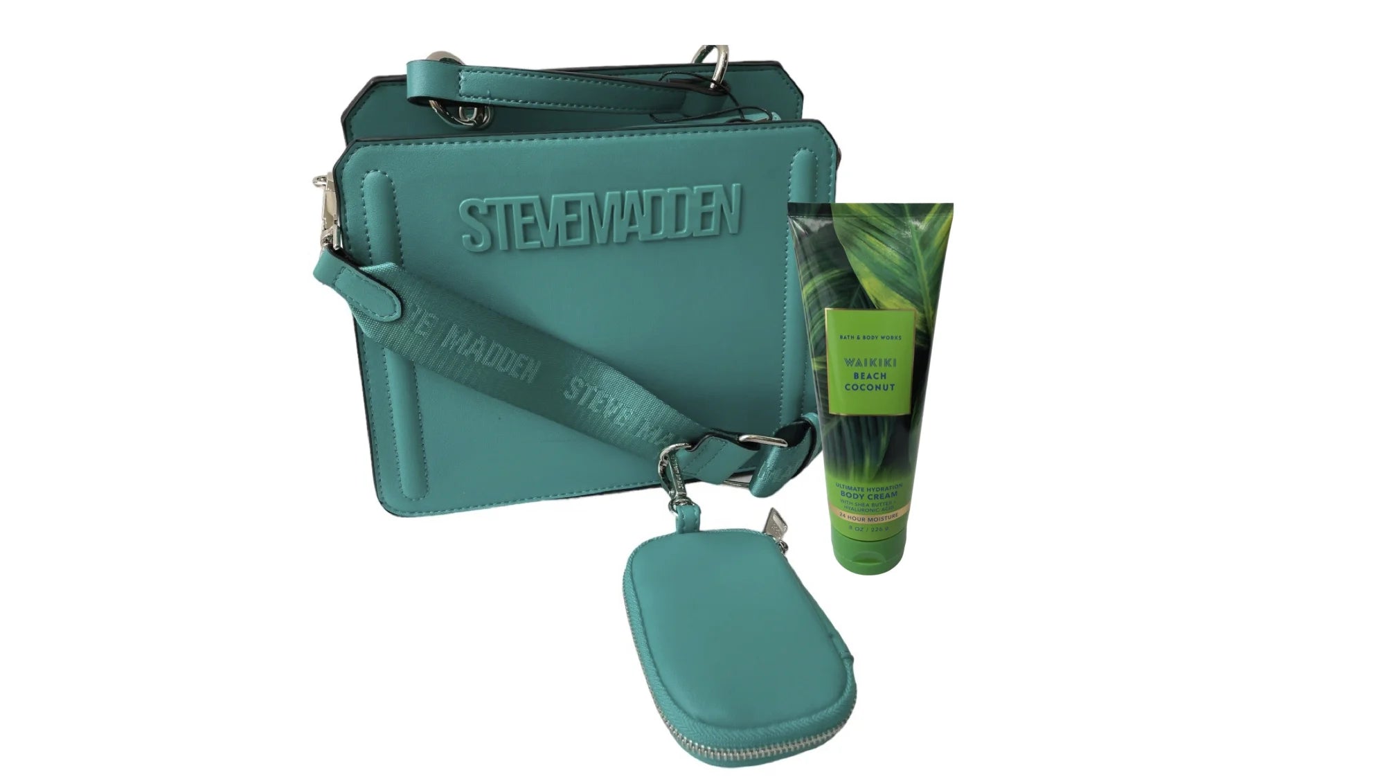 Set Bolsa Steve Madden Bevelyn Green + Crema Waikiki Coconut Bath and Body Works